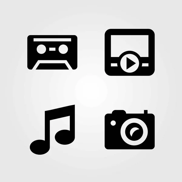Conjunto de ícones vetoriais multimídia. nota musical, leitor de filmes e câmera fotográfica —  Vetores de Stock