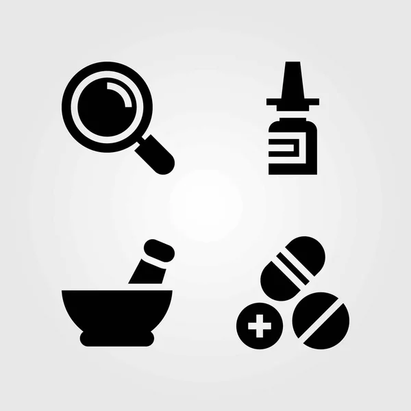 Conjunto de iconos vectoriales médicos. mortero, pastillas y lupa — Vector de stock