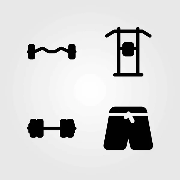 Juego de iconos vectoriales Fitness. pantalones deportivos, tire hacia arriba y bíceps mancuerna — Vector de stock