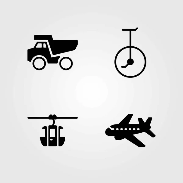 Conjunto de iconos vectoriales de transporte. monociclo, cabina de teleférico y avión — Archivo Imágenes Vectoriales