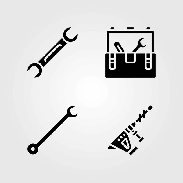 Набор векторных значков инструментов. Дрель молотка, коробка для инструментов и гаечный ключ — стоковый вектор
