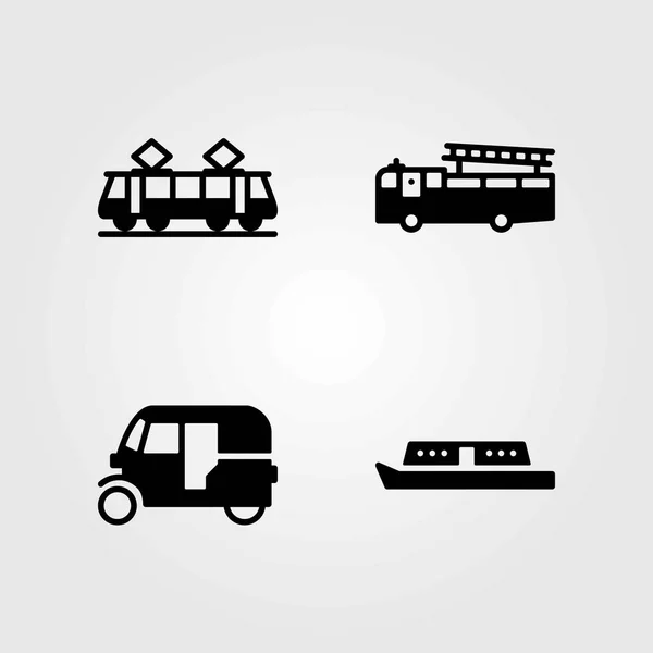 Transport vector icons set. boat, tuk tuk and fire truck — Stock Vector