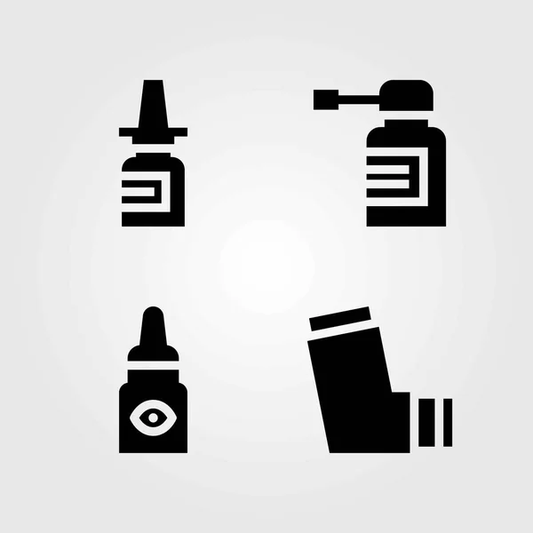 Conjunto de iconos vectoriales médicos. pulverización nasal, spray y gotas para los ojos — Vector de stock