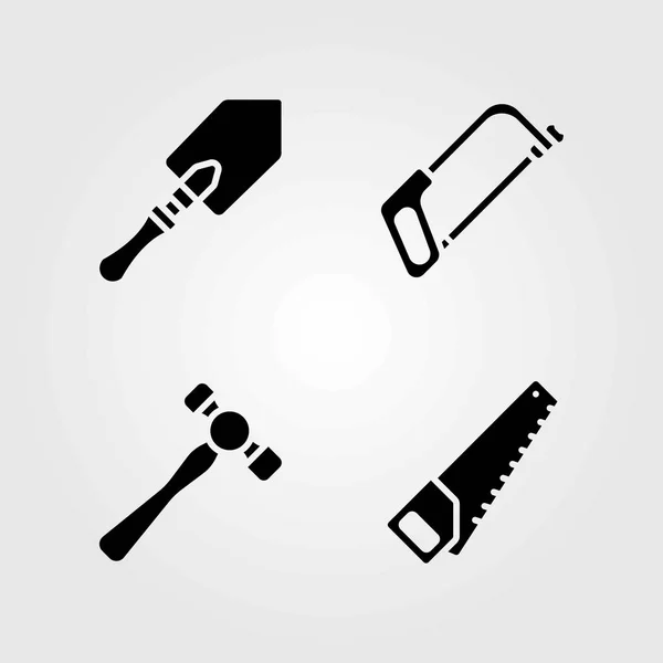 Tuin vector icons set. schop, handzaag en hamer — Stockvector