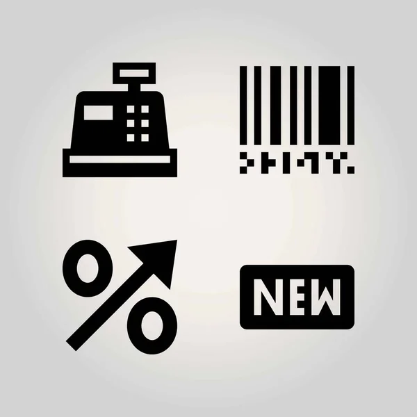 Technologie vector icon set. barcode, teken, contant geld en percentage — Stockvector