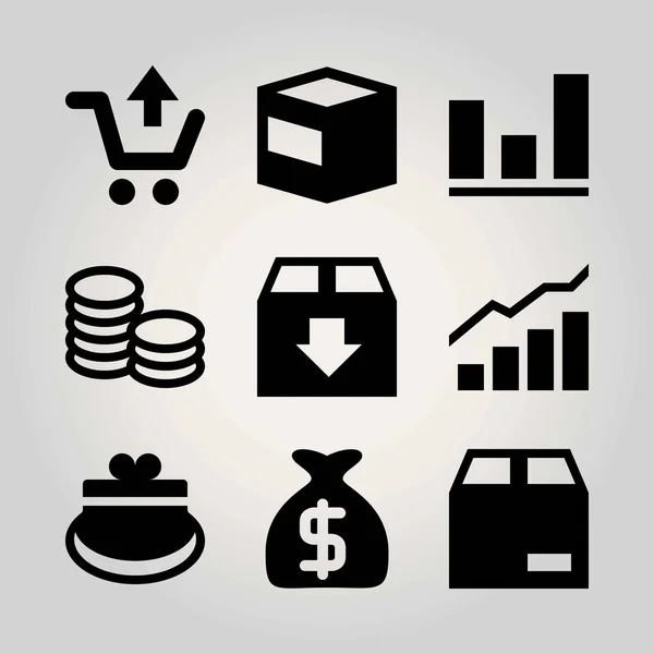 Conjunto de ícones de vetor de compras. analítica, saco de dinheiro, carrinho de compras e moeda — Vetor de Stock
