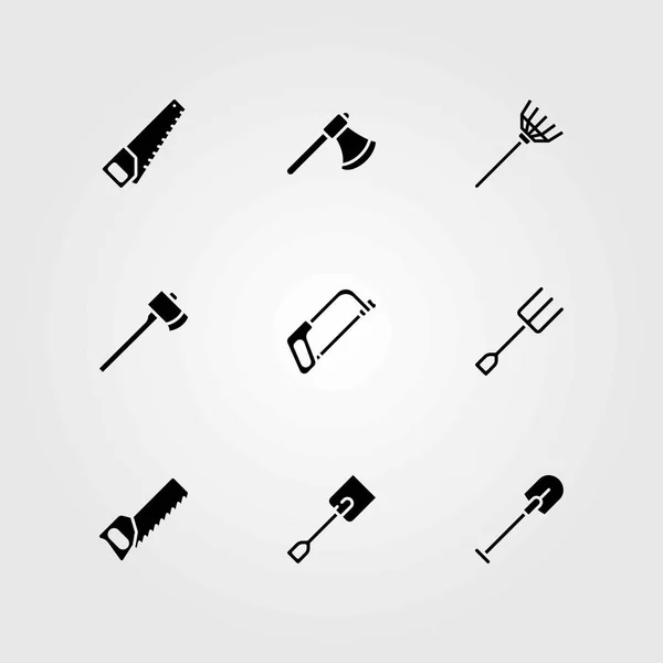 Tuin vector icons set. schop, handzaag en vork — Stockvector