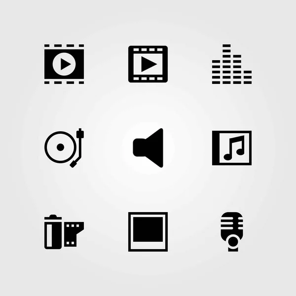 Conjunto de iconos vectoriales multimedia. rollo de película, tocadiscos y barras de sonido — Vector de stock