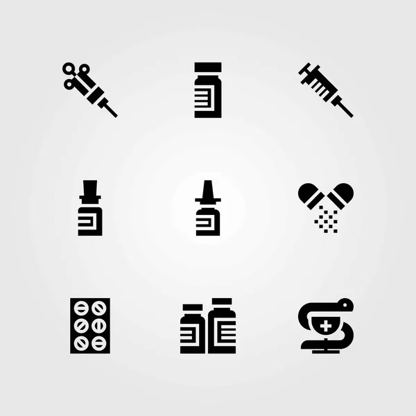 Ensemble d'icônes vectorielles médicales. seringue, vaporisateur nasal et pahrmacy — Image vectorielle