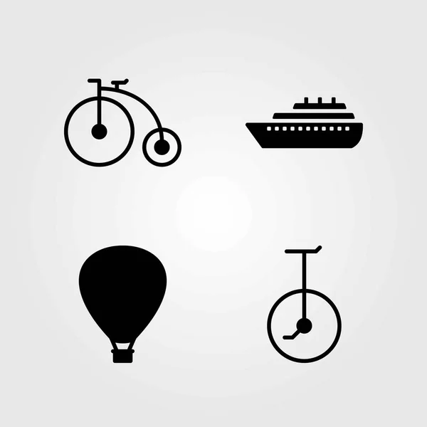 Conjunto de ícones vetoriais de transporte. balão de ar quente, navio e bicicleta —  Vetores de Stock