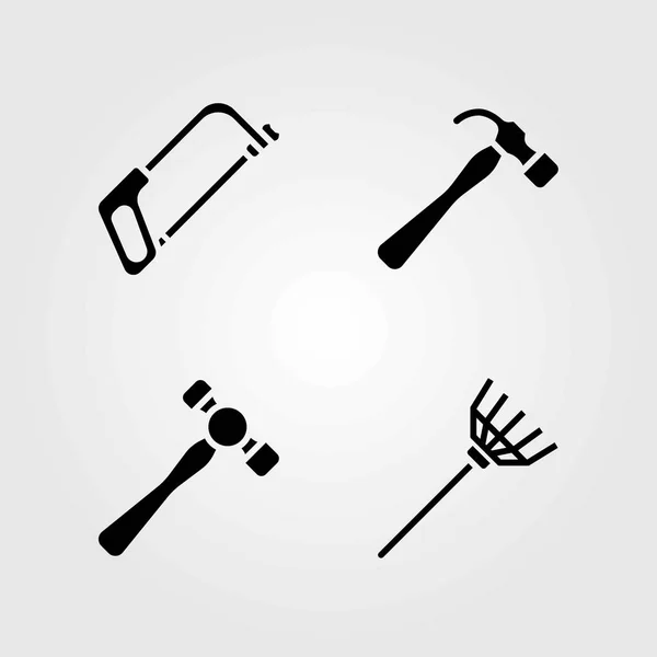 Garden vector icons set. hammer, rake and handsaw — Stock Vector