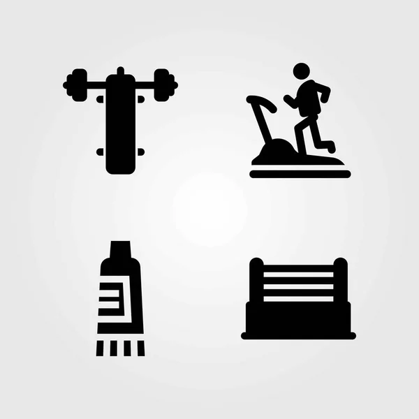 Fitness vektorové ikony nastavit. běžecký pás, bench pressu a smetanou — Stockový vektor