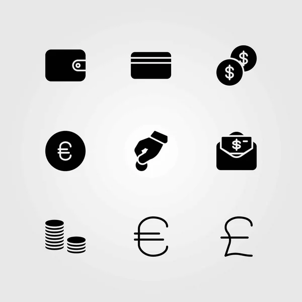 Peníze vektorové ikony set. Peněženka, mince a Libra šterlinků — Stockový vektor