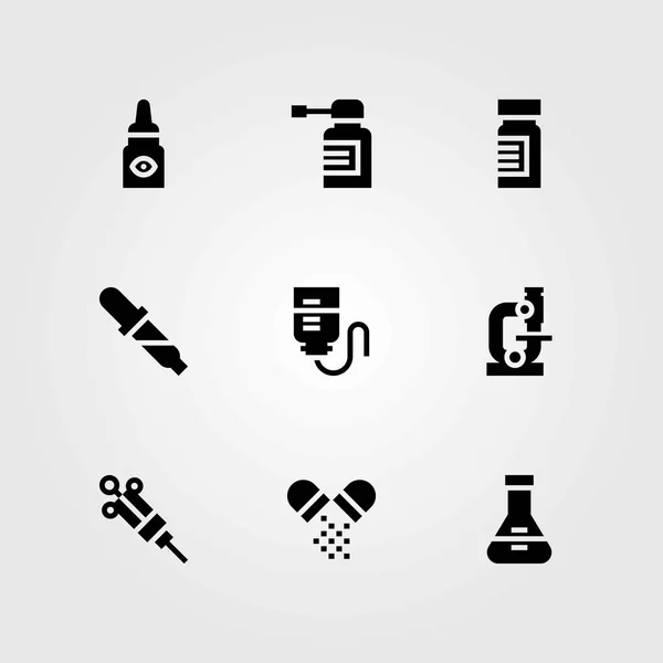 Medical vector icons set. syringe, drop counter and flask — Stock Vector