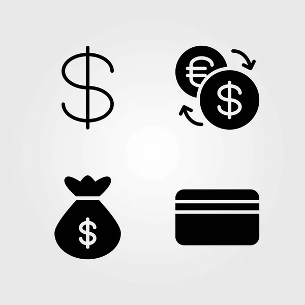 Banka vektorové ikony nastavit. kreditní karta, pytlík s penězi a dolar — Stockový vektor