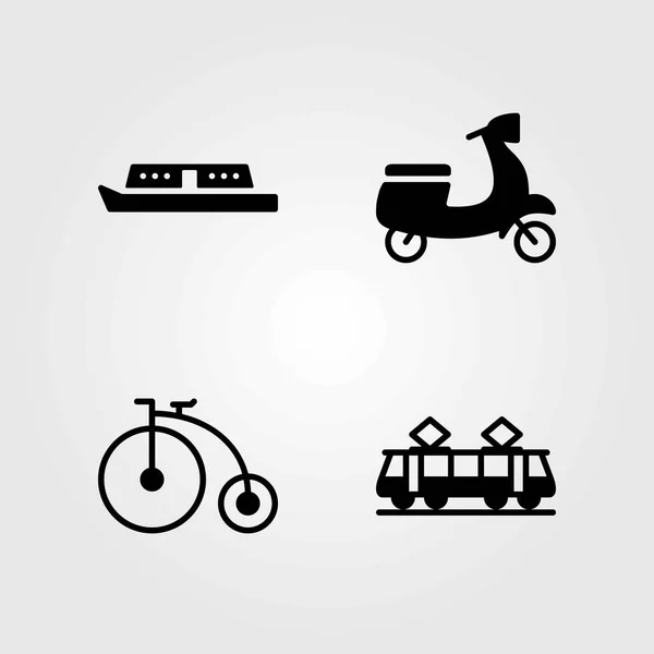 Conjunto de ícones vetoriais de transporte. eléctrico, moto e barco — Vetor de Stock