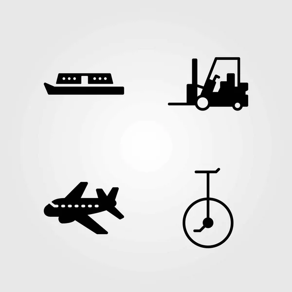 Conjunto de iconos vectoriales de transporte. monociclo, carretilla elevadora y avión — Archivo Imágenes Vectoriales