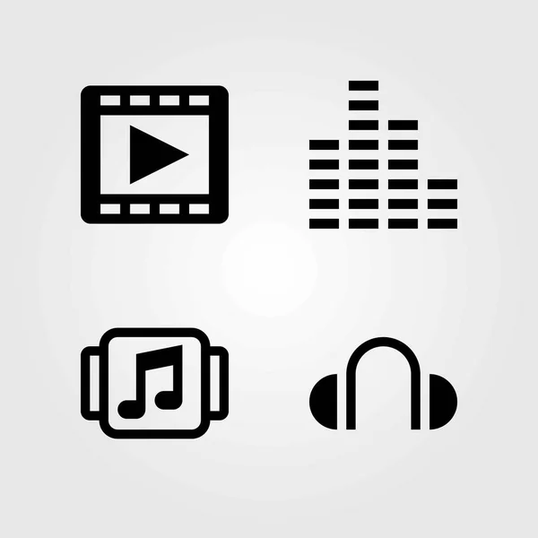 Conjunto de iconos vectoriales multimedia. auriculares, barras de sonido y reproductor de películas — Vector de stock