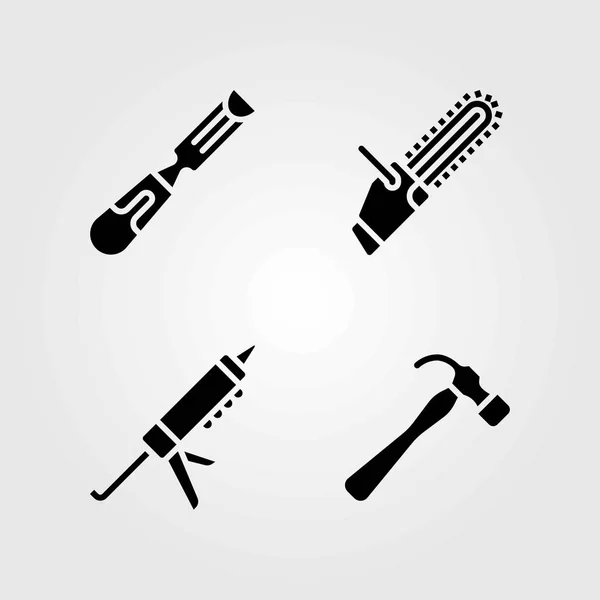 Werkzeuge Vektorsymbole gesetzt. Kettensäge, Meißel und Dichtpistole — Stockvektor