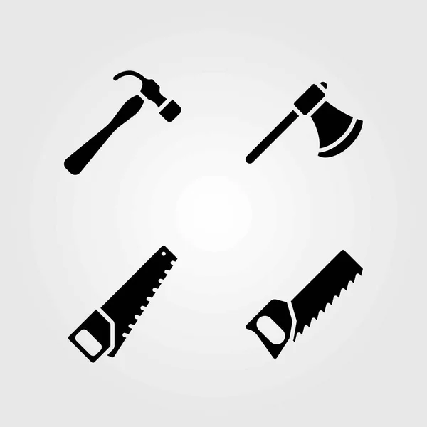 Conjunto de ícones vetoriais de jardim. machado, serra manual e martelo — Vetor de Stock
