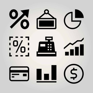 Teknoloji vektör Icon set. dolar, nakit, kredi kartı ve analytics