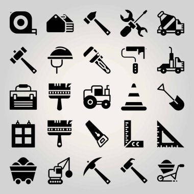 İnşaat vektör Icon set. Araç kutusu, kare ayarla, İngiliz anahtarı ve kamyon