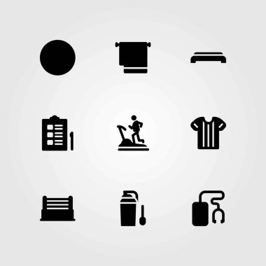 Fitness vektör simgeler kümesi. havlu, gömlek ve müzik oyuncu