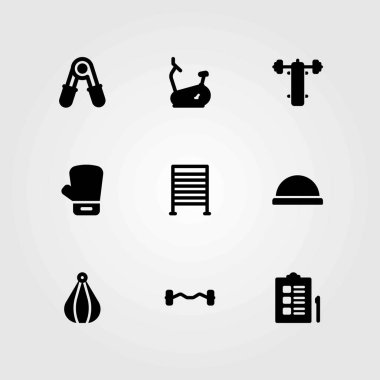 Fitness vektör simgeler kümesi. sabit bisiklet, boks ve bosu topu