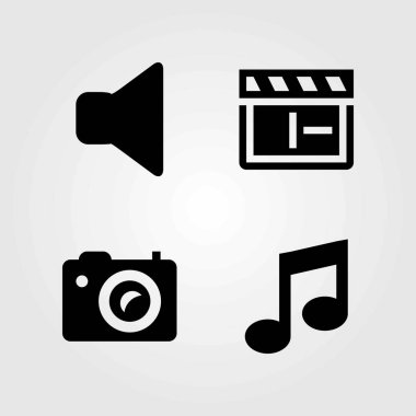 Multimedya vektör simgeler kümesi. müzik Not, hoparlör ve fotoğraf kamera
