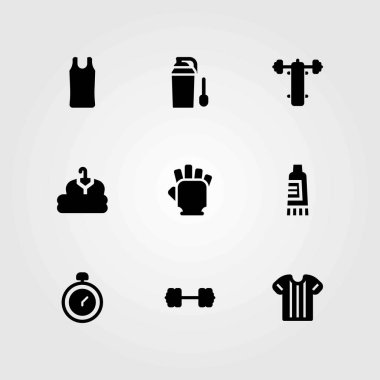 Fitness vektör simgeler kümesi. spor salonu eldiven, giyim ve gömlek