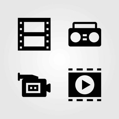 Teknoloji vektör simgeleri ayarlayın. Boombox, video kamera ve film oyuncu