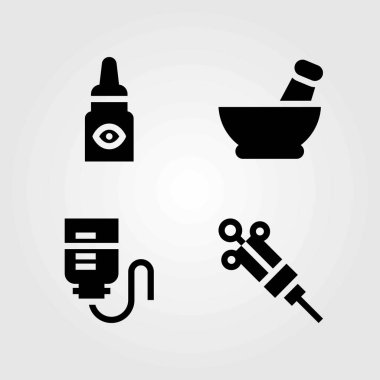 Tıp vektör simgeler kümesi. harç, şırınga ve göz damlası