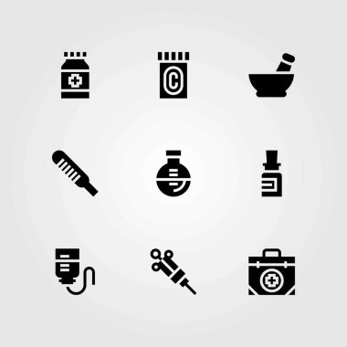 Tıp vektör simgeler kümesi. termometre, ilaç ve ilk yardım kiti