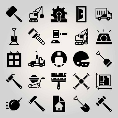 İnşaat vektör Icon set. boya fırçası, Vinç, el arabası ve kürek