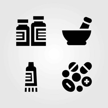 Tıp vektör simgeler kümesi. harç, hap ve krem