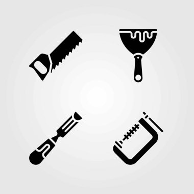 Araçlar Icons set vektör. kelepçe, keski ve el testeresi