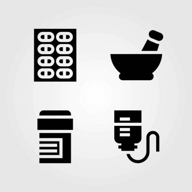 Tıp vektör simgeler kümesi. hap, damla sayacı ve harç