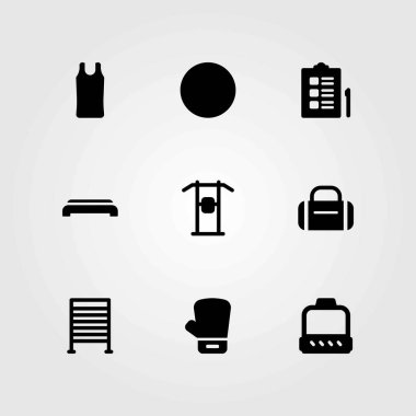 Fitness vektör simgeler kümesi. spor gömlek, boks ve topu