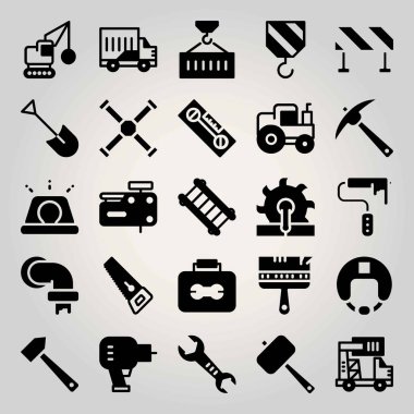 İnşaat vektör Icon set. çekiç, boya silindiri, bariyer ve borular