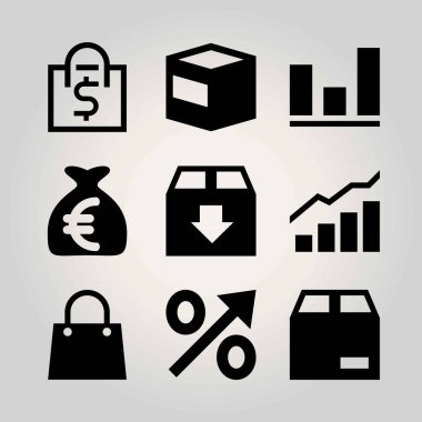 Alışveriş vektör Icon set. çanta, paket, analytics ve yüzdesi