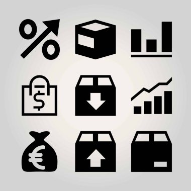 Alışveriş vektör Icon set. para çantası, analytics, paket ve yüzdesi