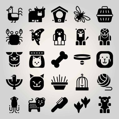 Hayvanlar Icon set vektör. Uçan Kuş, bull, köpek ve fırça