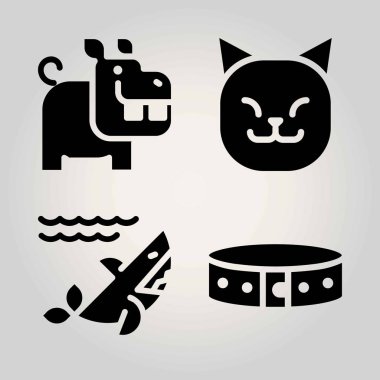 Hayvanlar Icon set vektör. kedi, köpek balığı, yaka ve su aygırı