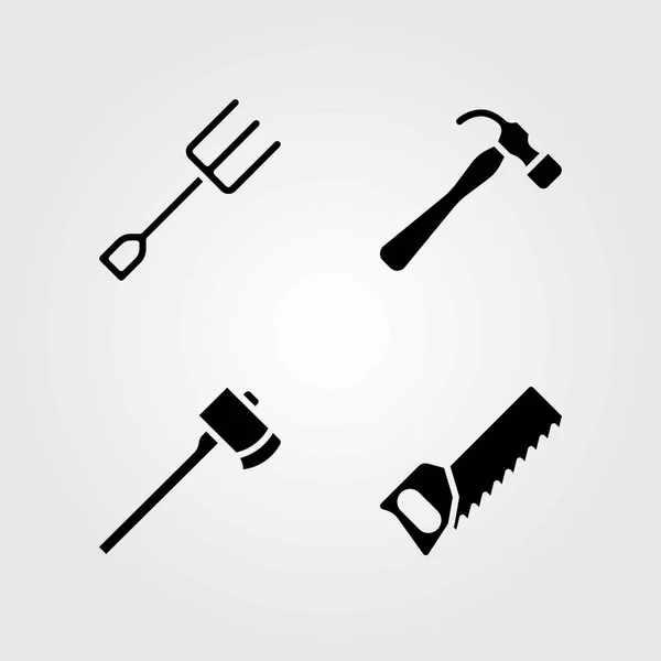 Garden vector icons set. handsaw, axe and fork — Stock Vector