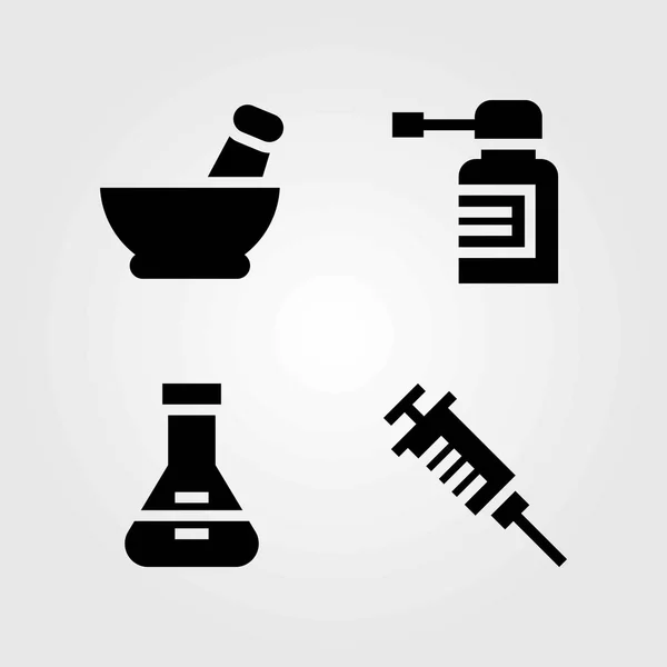 Medical vector icons set. spray, flask and mortar — Stock Vector