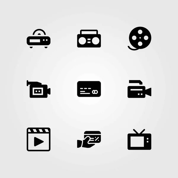 Conjunto de iconos vectoriales tecnológicos. tarjeta de crédito, rollo de película y reproductor de películas — Vector de stock