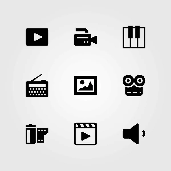 Multimedia vector icons set. video player, film roll and movie player — Stock Vector