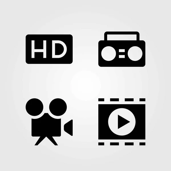 Conjunto de ícones vetoriais de tecnologia. leitor de filmes, hd e câmera de vídeo — Vetor de Stock