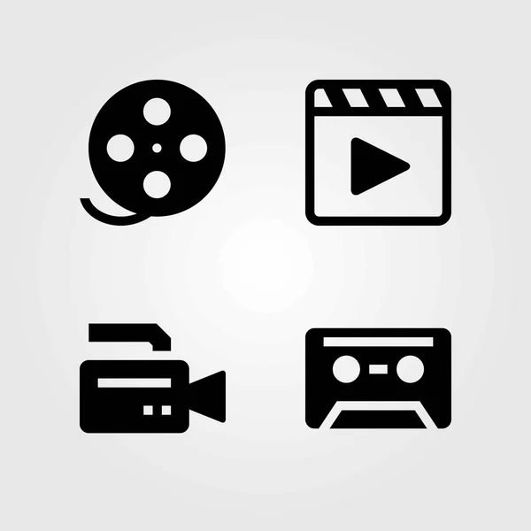 Conjunto de iconos vectoriales tecnológicos. cámara de vídeo, reproductor de películas y rollo de película — Vector de stock