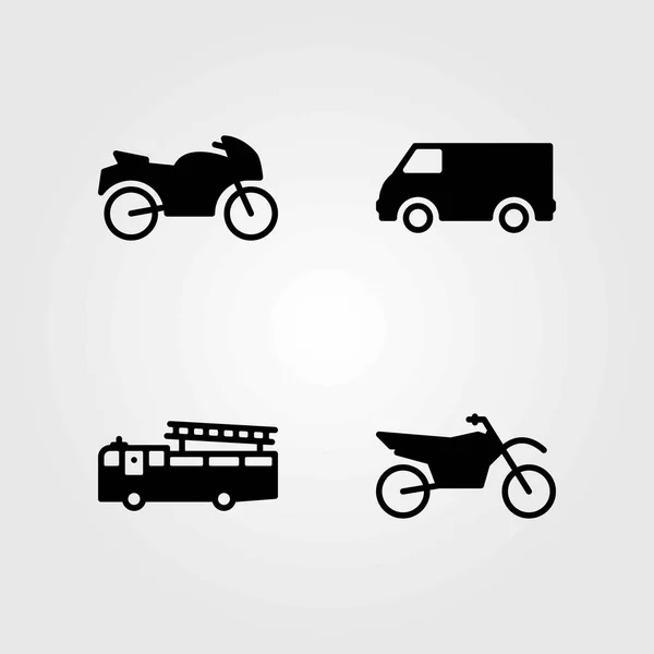 Conjunto de iconos vectoriales de transporte. motocicleta, camioneta y camión de bomberos — Archivo Imágenes Vectoriales